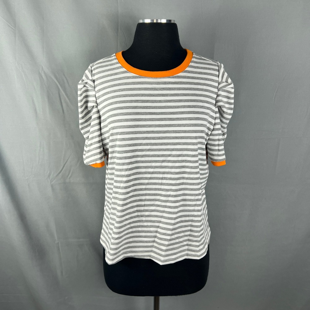 Prettygarden Ringer T Shirt Womens XL Gray White Striped Stretch Puff Sleeve
